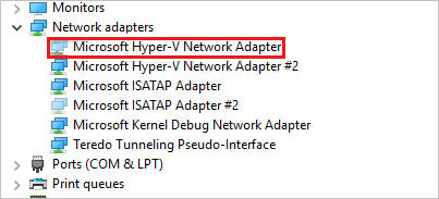 屏幕截图显示了 Microsoft Hyper-V 网络适配器灰显的网络适配器。