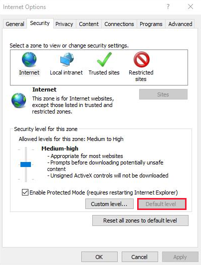 “Internet 选项”窗口的屏幕截图。在“安全”选项卡下，选择“默认级别”。