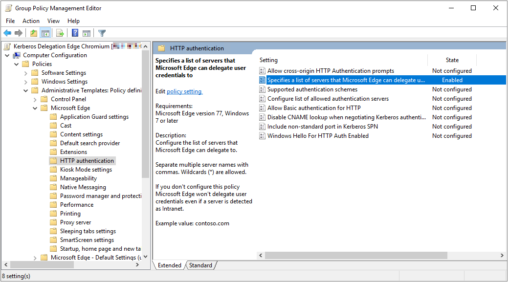 组策略管理编辑器中的 H T T P 身份验证文件夹的屏幕截图。