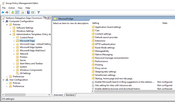 组策略 Management 编辑器 中的 Microsoft Edge 项的屏幕截图。