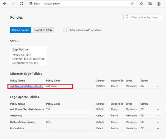 edge://policy 页的屏幕截图。