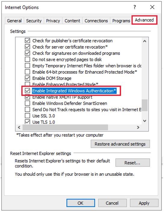 在“Internet 选项”页中选择“启用集成 Windows 身份验证”选项。