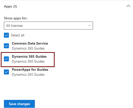 显示向用户帐户分配 Dynamics 365 Guides 许可证时应在“应用”列表中选择的 Dynamics 365 Guides 许可证选项的屏幕截图。