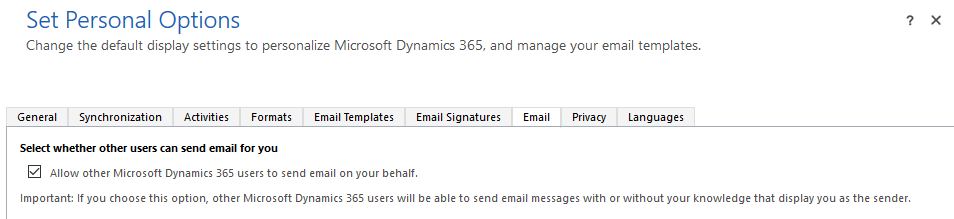 选择“允许其他 Microsoft Dynamics 365用户代表你发送电子邮件”选项的屏幕截图。