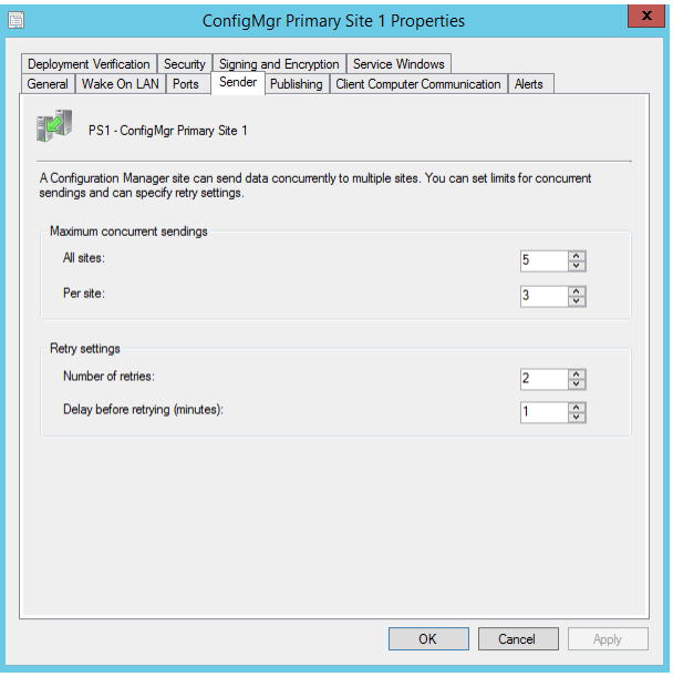 屏幕截图显示ConfigMgr主站点属性窗口的“发件人”选项卡下的信息。