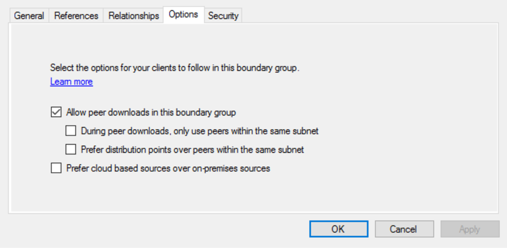 “选项”选项卡下的“允许在此边界组中下载对等项”设置的屏幕截图。