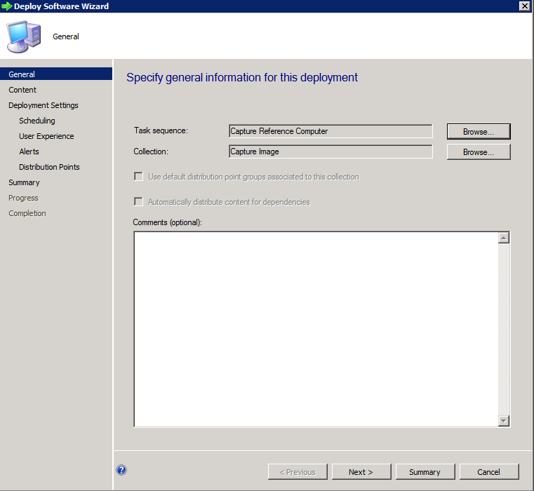 “指定部署常规信息”页的屏幕截图。