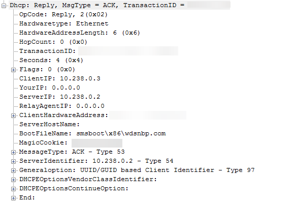 屏幕截图显示 DHCPACK 包含 BootFileName 和 WDS 网络启动程序。