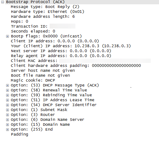 屏幕截图显示 DHCPACK 包含与 DHCPOFFER 相同的详细信息。