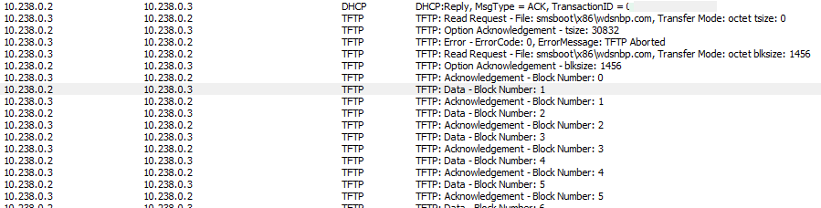屏幕截图显示了 DHCP 对话的结束和 TFTP 传输的开始。