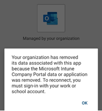 “你的组织已删除与其与此应用关联的数据”错误消息的屏幕截图。