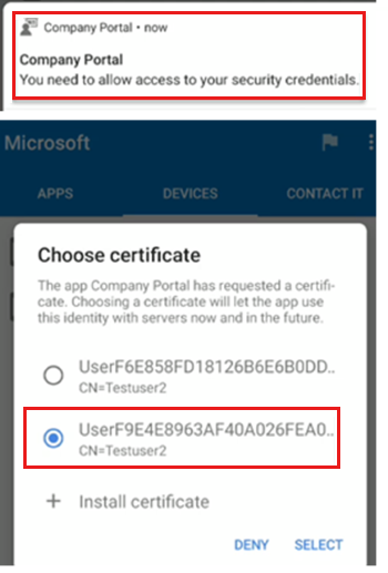 Android 上用于安装 SCEP 证书配置文件的示例公司门户应用通知的屏幕截图。