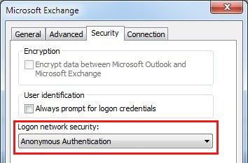“Microsoft Exchange”对话框的“安全”选项卡的屏幕截图，检查“登录网络安全”设置是否设置为“匿名身份验证”。