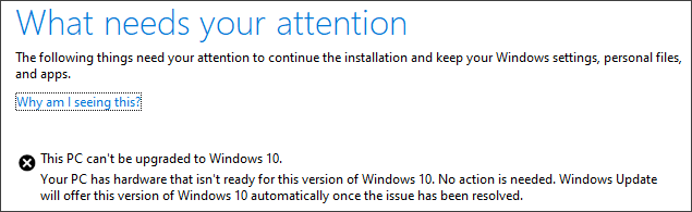 电脑的详细信息无法升级到 Windows 10 错误。