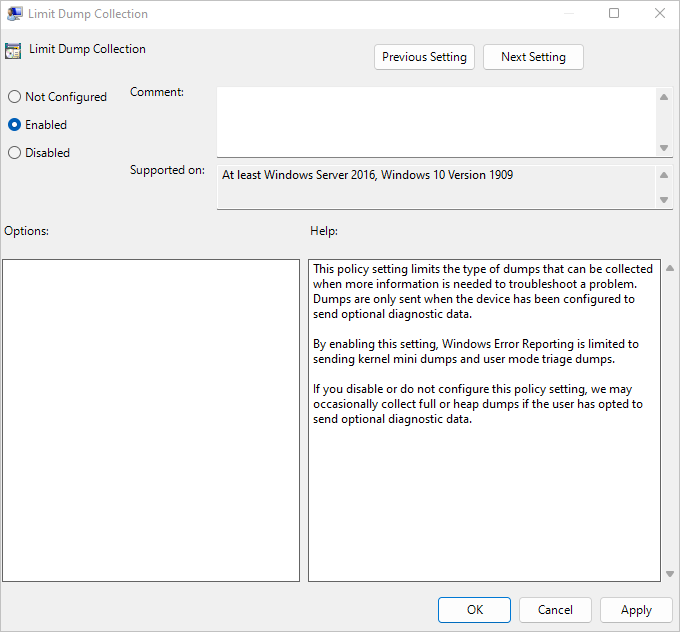 “限制转储收集”窗口的屏幕截图，其中已选中“已启用”。