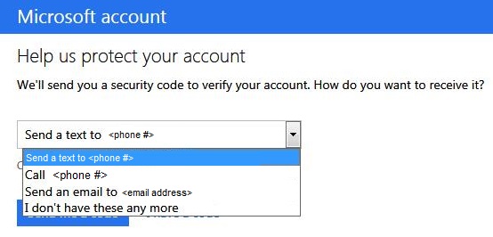 Microsoft帐户验证页中的“将文本发送到电话”选项的屏幕截图。