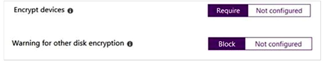 显示“需要加密设备”的Intune策略设置的屏幕截图。