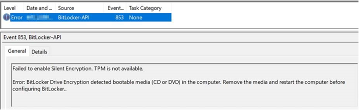 事件 ID 853 的详细信息的屏幕截图， (TPM 不可用，) 找到可启动媒体。