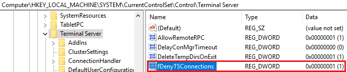 注册表编辑器的屏幕截图，其中显示了 fDenyTSConnections 条目。
