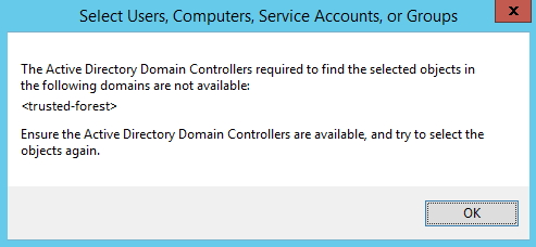 显示错误消息的“选择用户、计算机、服务帐户或组”窗口的屏幕截图。