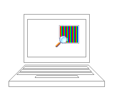 Illustration that shows a laptop with a graphic of a magnifying glass over colored stripes on the screen.