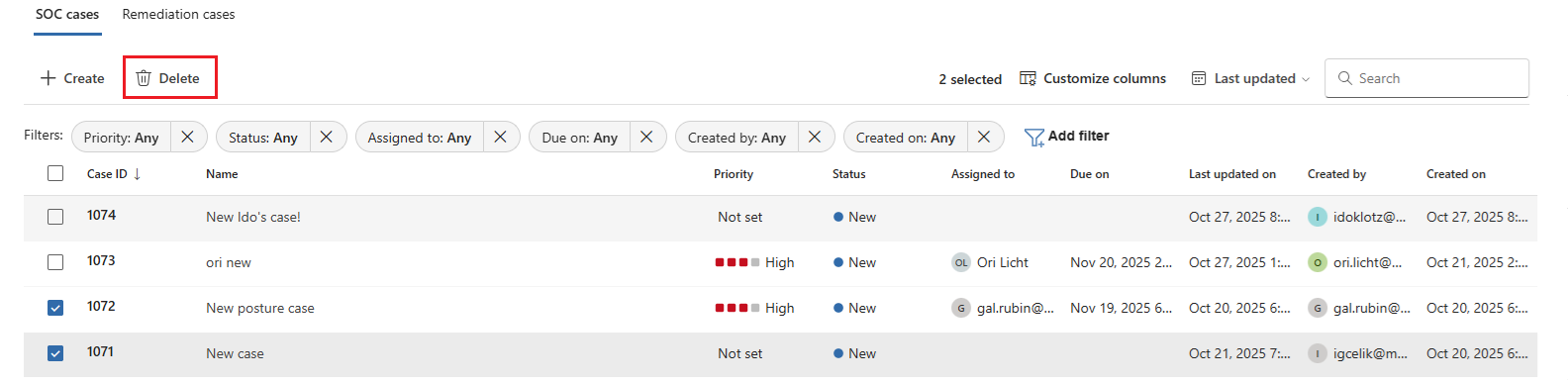显示案例详细信息窗格中的“删除”选项的屏幕截图。