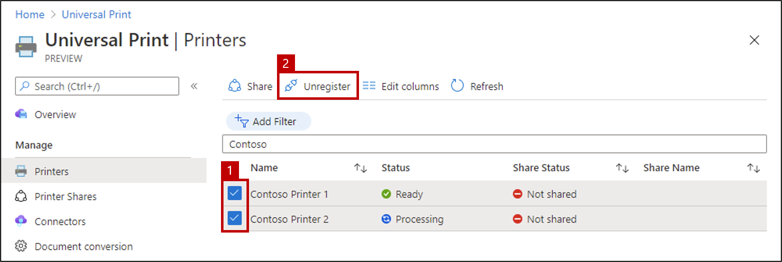 A screenshot showing how to unregister multiple printers simultaneously in the Universal Print portal.