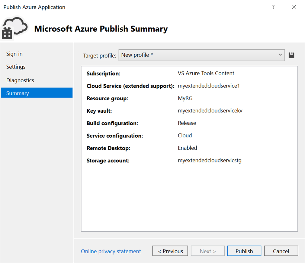 显示Microsoft Azure“发布摘要”窗格的屏幕截图。