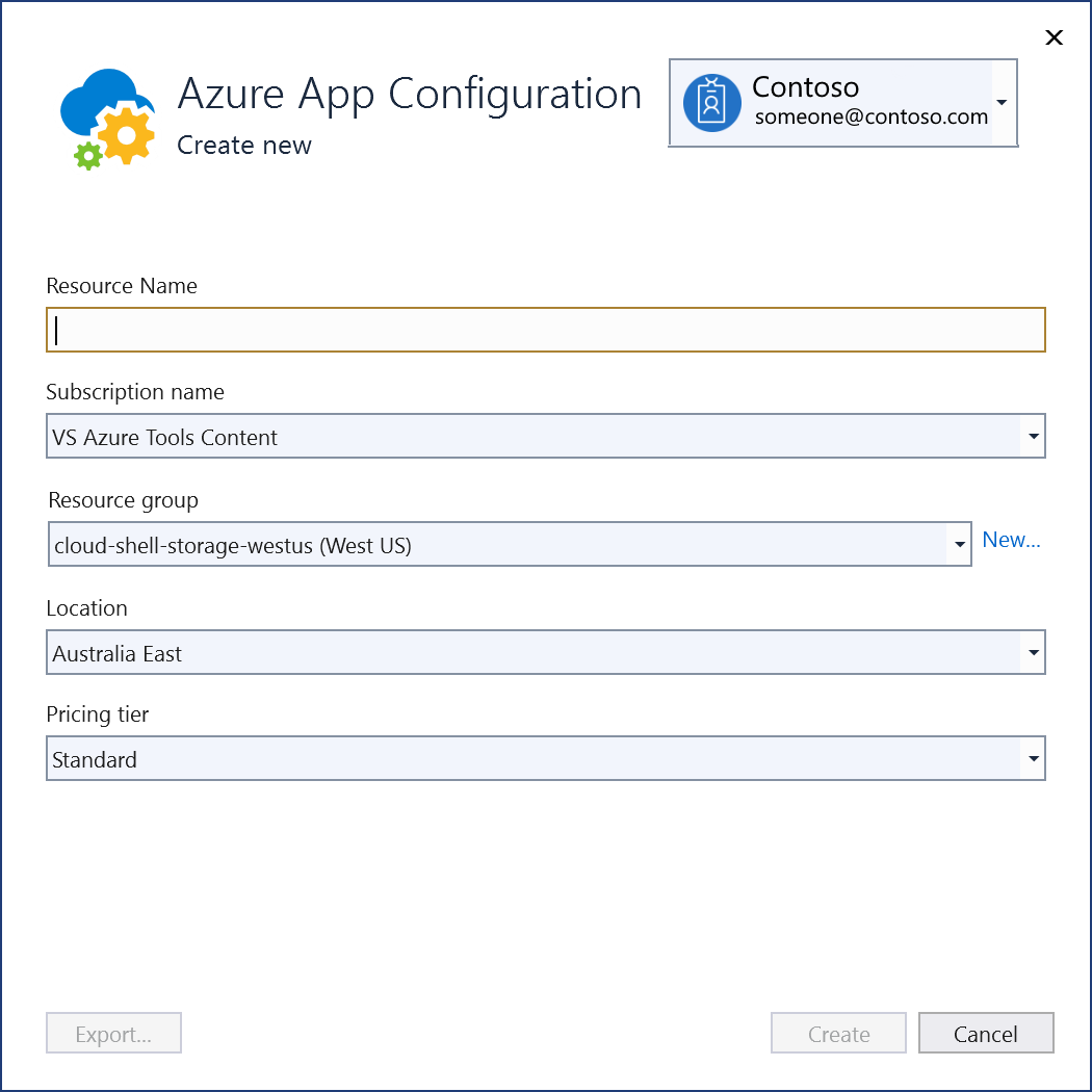 Screenshot showing New Azure app config store.