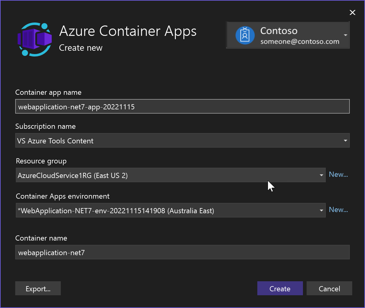 显示创建新 Azure 容器应用的屏幕截图。