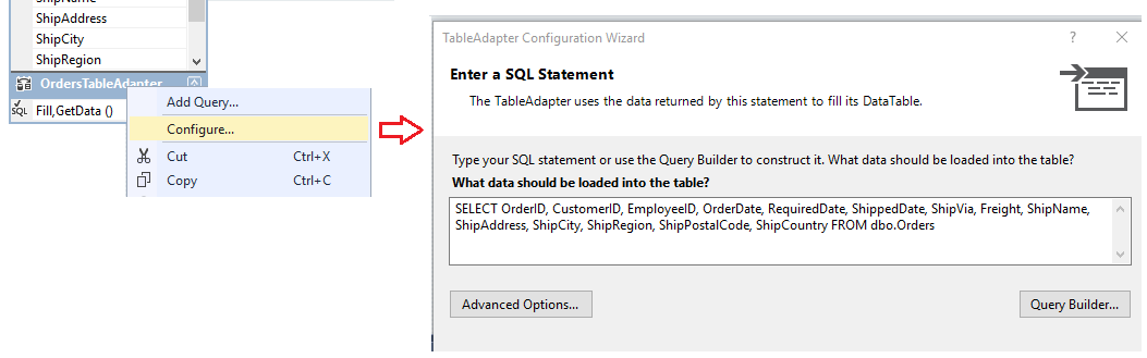 显示如何在 Visual Studio 中访问表适配器配置向导的屏幕截图。