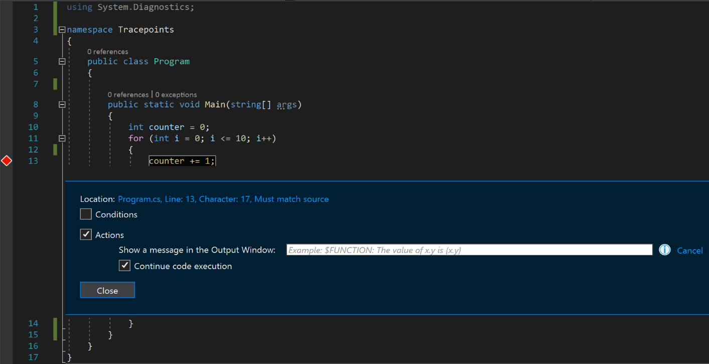 Screenshot of breakpoint window with Actions Box checked.