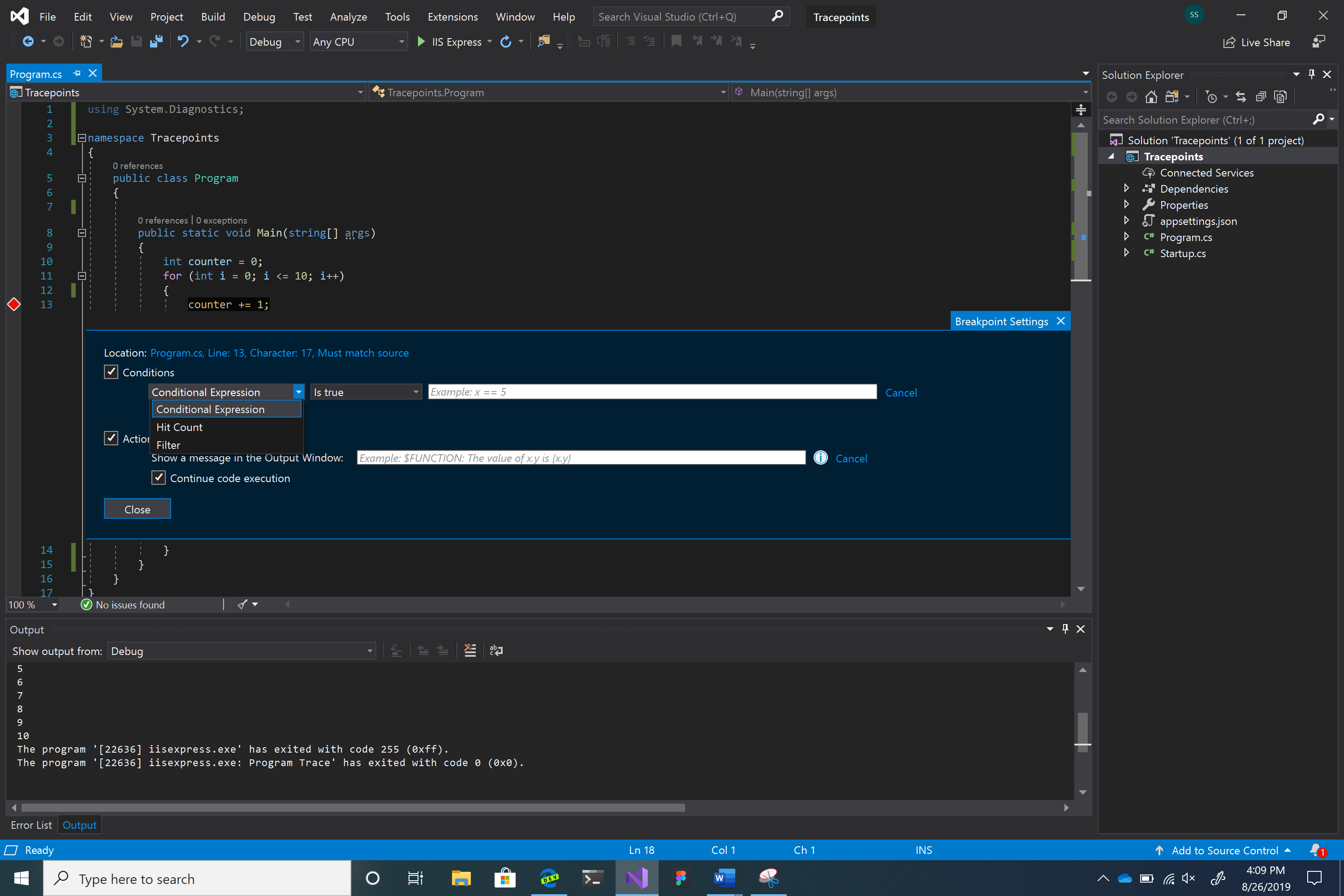 Screenshot of breakpoint window with Conditions Box checked.