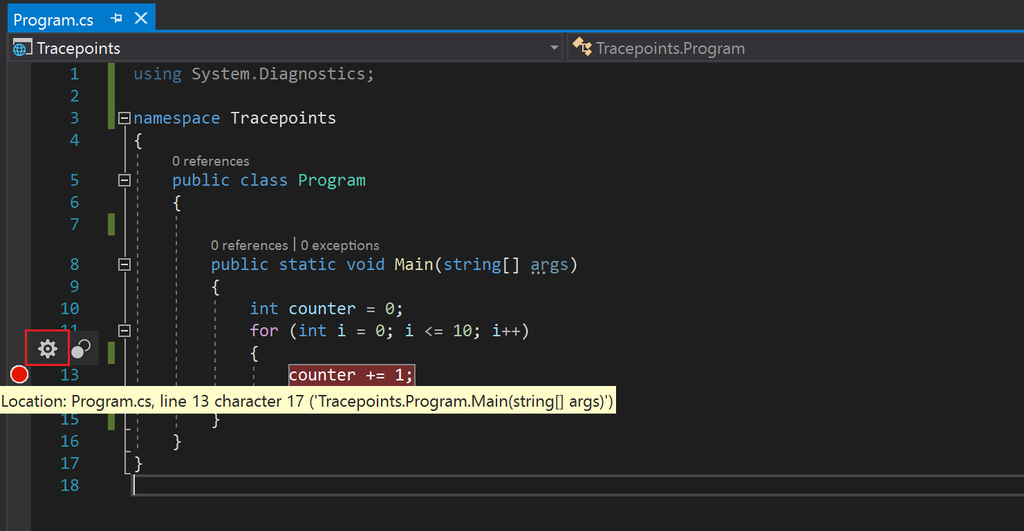 Screenshot showing the Breakpoint Initialization in the sample code.