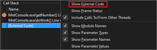 “调用堆栈”窗口中的“显示外部代码”的屏幕截图。