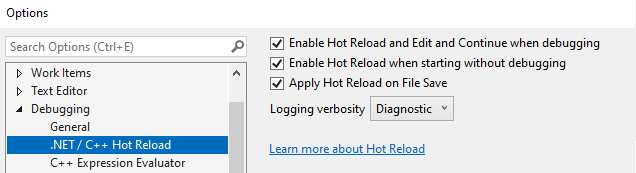 Screenshot of settings for .NET Hot Reload.