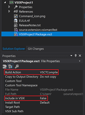 Screenshot that shows selected properties for a V S C T file.