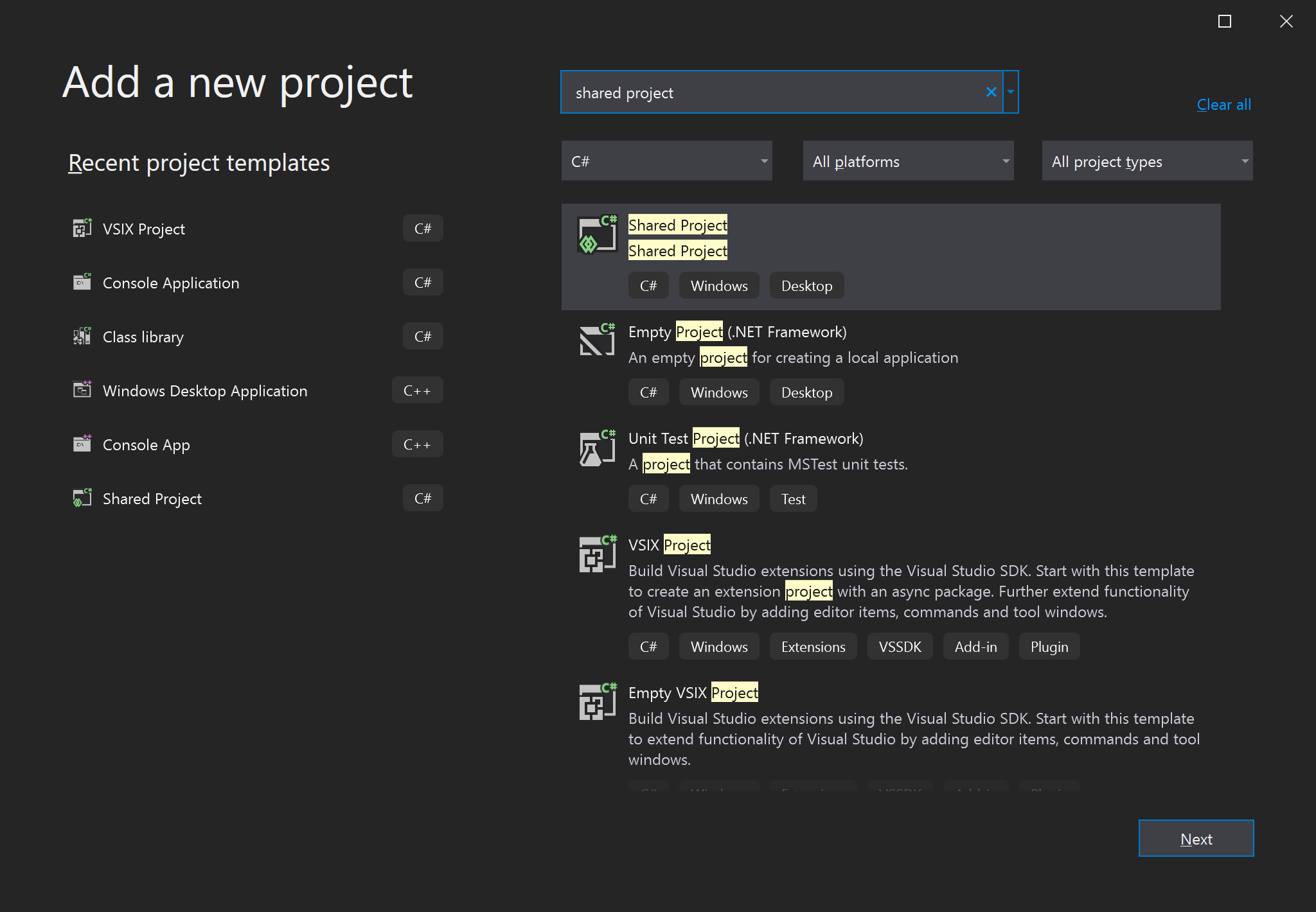 Screenshot that shows searching for and selecting the Shared Project template.