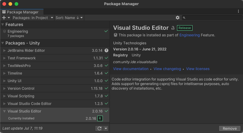 Screenshot of the Package Manager window in the Unity Editor on Mac.