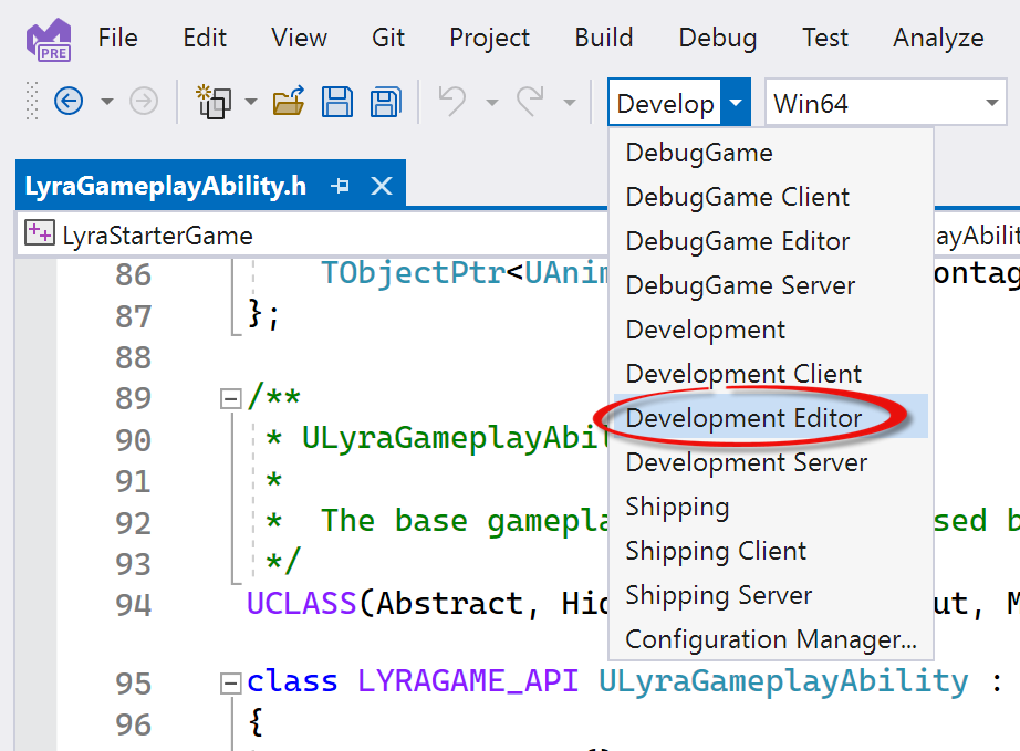 Screenshot of Visual Studio with the Solutions Configurations dropdown expanded and Development Editor selected.