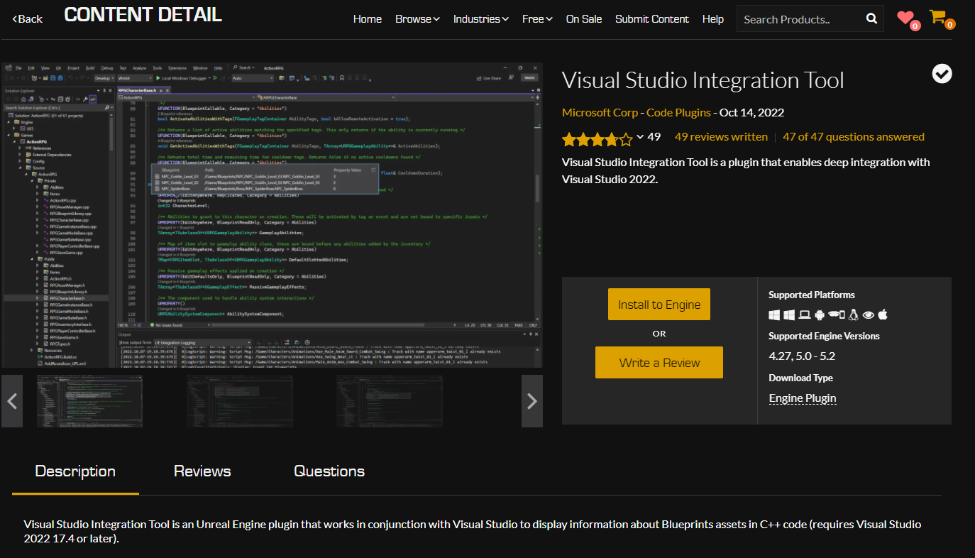 Screenshot of the Unreal Engine Marketplace with the Visual Studio Integration Tool plugin.