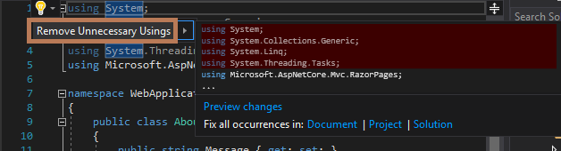 Screenshot shows Remove Unnecessary Usings highlighted. It's below the Quick Actions light bulb icon.