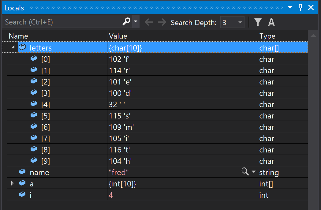 局部变量窗口 Visual Studio 中“局部变量”窗口的屏幕截图。