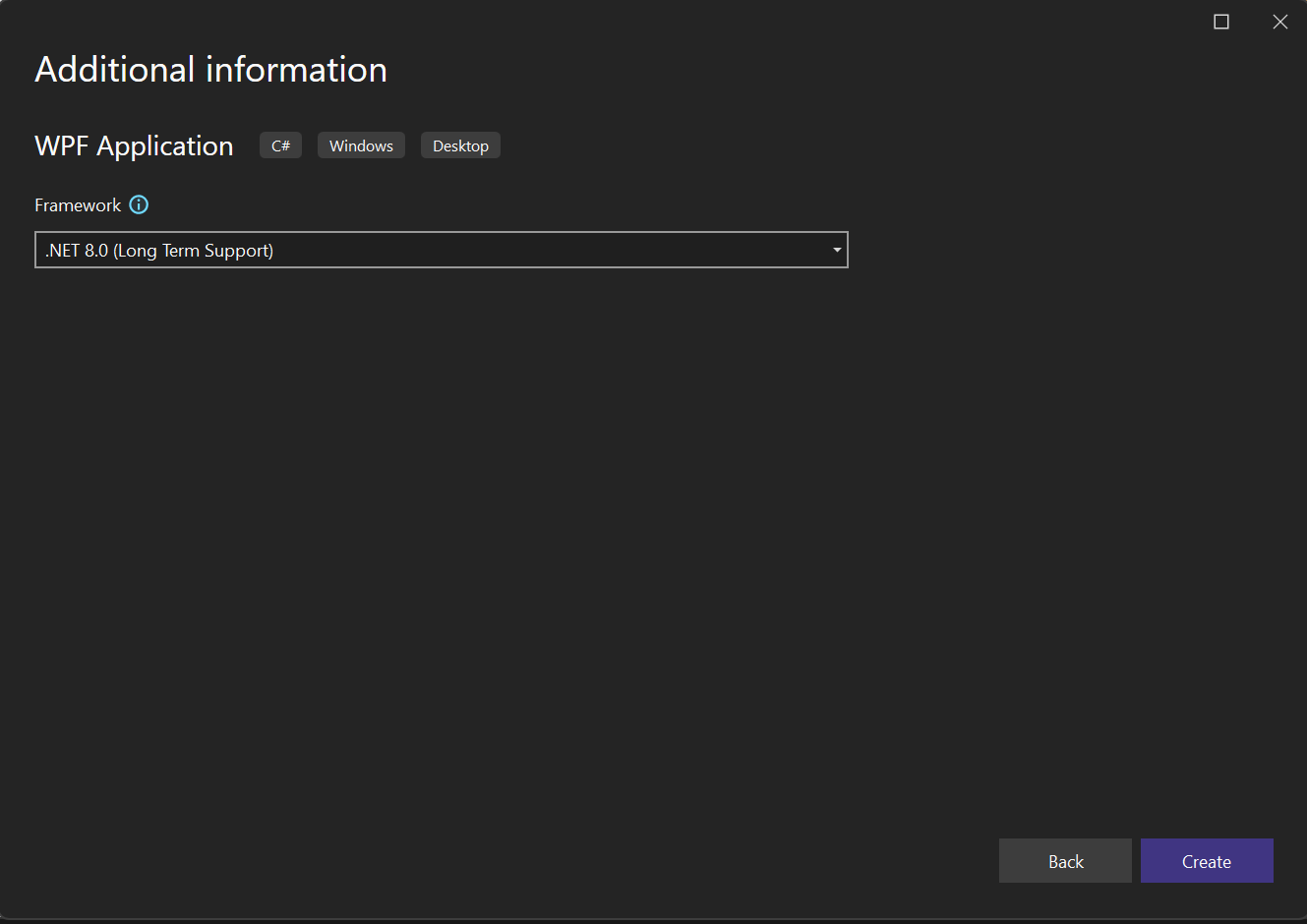 Screenshot that shows the Additional information window in Visual Studio with .NET 8.0 selected as the target framework for the new project.