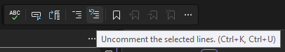 Visual Studio 中“文本编辑器”工具栏中“取消注释”按钮的屏幕截图。