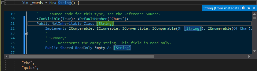 包含 String 类定义的速览定义弹出窗口的屏幕截图。