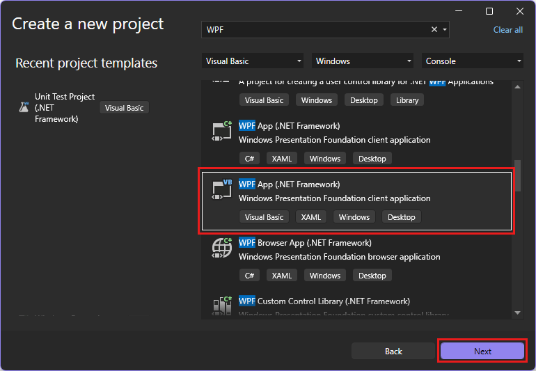 “创建新项目”对话框的Screenshot，在搜索框中输入“WPF”，在语言列表中选择“Visual Basic”，“WPF应用（.NET框架）”项目模板突出显示。