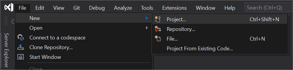 Visual Studio 2019 菜单栏中“文件”>“新建”>“项目选择”的屏幕截图。