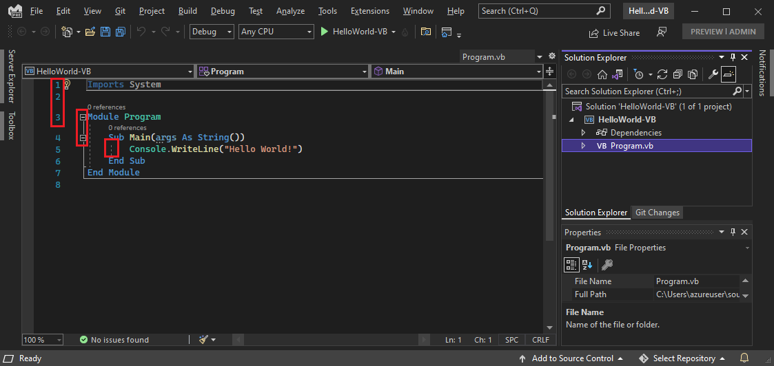 显示带红色框的 Visual Studio IDE 的屏幕截图。