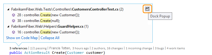 屏幕截图显示了 Visual Studio 2019 中 CodeLens 指示器窗口中的“停靠”按钮。